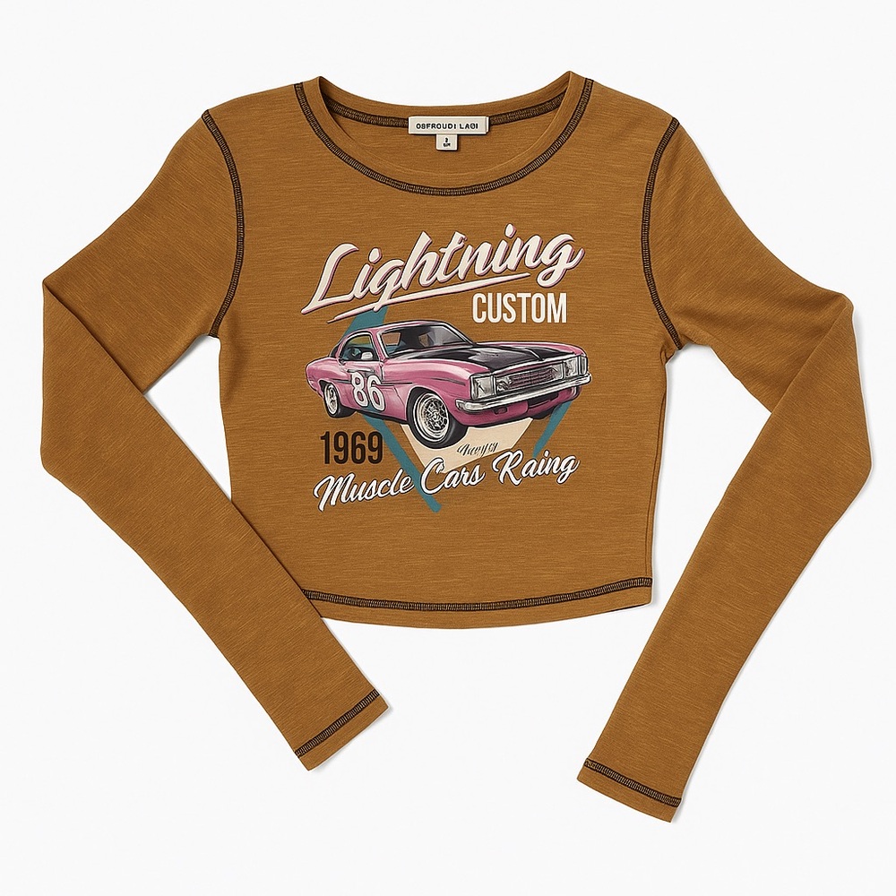 Brown Long Sleeve Crop Top with Car Graphic